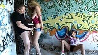 Blonde fuck public while other girl watch it