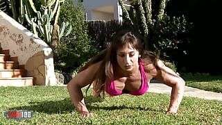 Muscular woman holding her boytoy