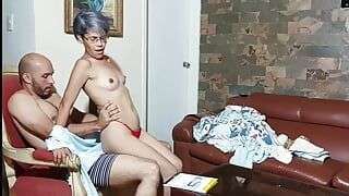 My perverted stepmother makes me fuck her while she folds the clothes.