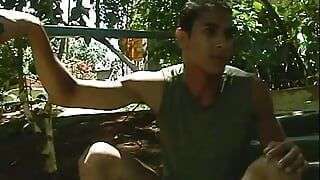 Sexy Spanish babe takes a hard cock, a hot load on her tits outside