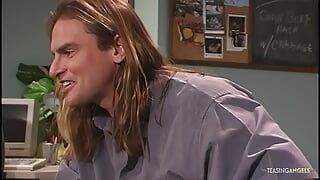 Two colleagues pull out their giant cocks and get their busty friend into a threesome