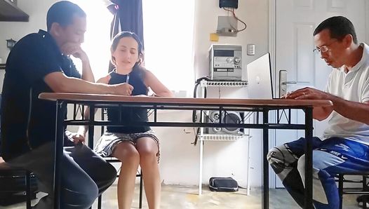 Unfaithful wife sucks the collector’s cock and swallows the cum behind the cuckold’s back under the table.