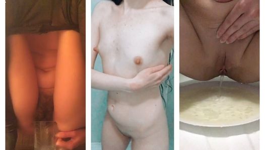 Compilation Girl Pissing: brunette peeing in a coffee cup, in a plate, in the shower and in the toilet