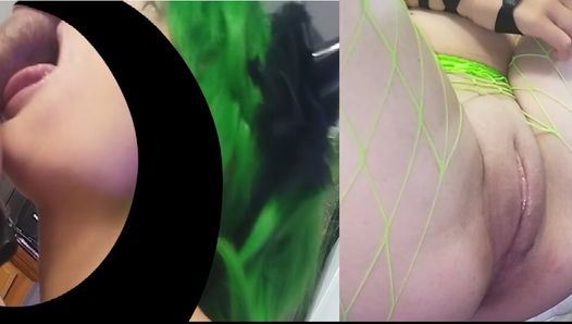 The best blowjob ever from green hair punk girl wearing devil horns & fishnets.