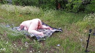 fat girl masturbates pussy with toys in a public place