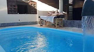 Massage in the pool. The therapist couldn’t hold back and made her cum in his mouth.