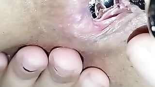 naughty brunette giving her pussy in her fur and takes cum