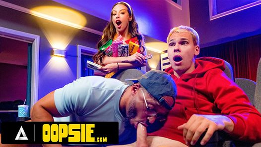 OOPSIE – Petite Spencer Bradley Has PUBLIC BISEXUAL THREESOME With Interracial Guys At The Theatre!