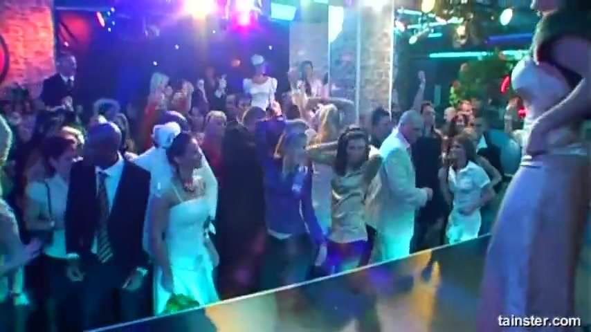 Horny brunette bride eats a big cock in public