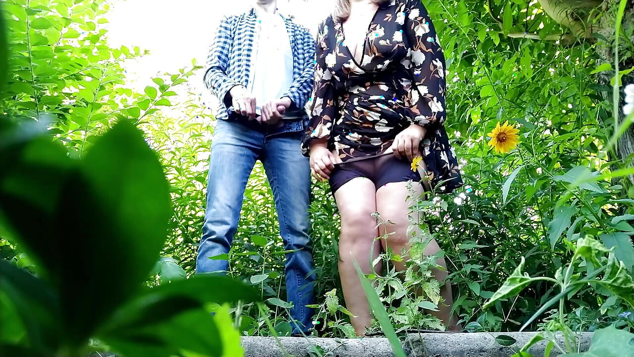 Joint masturbation in the woods and cum on hot milfs thighs