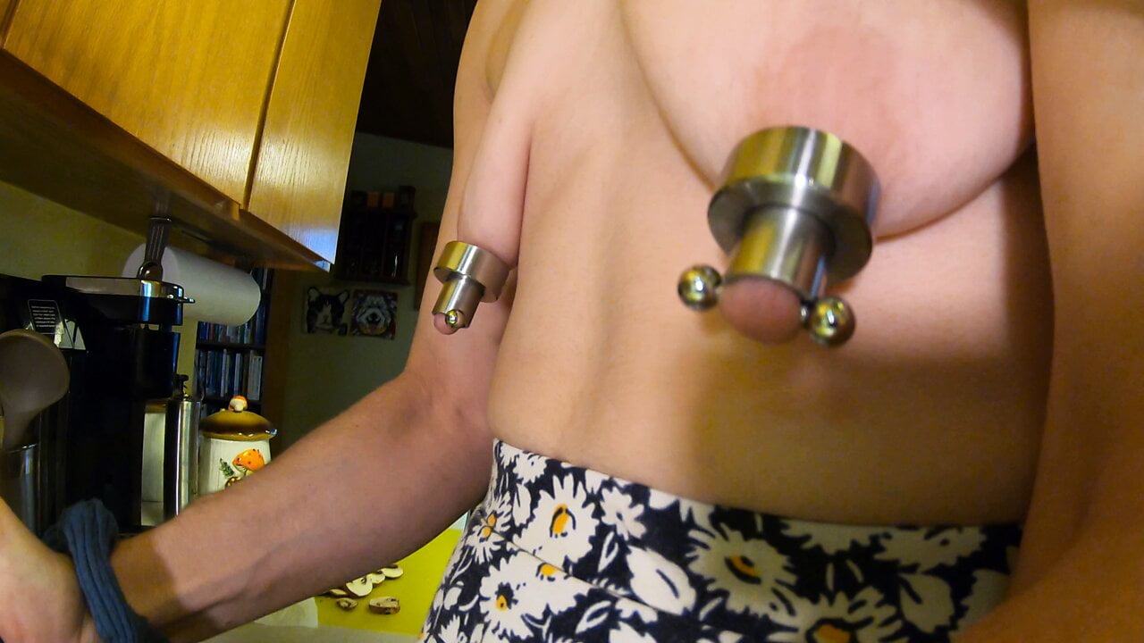 Longpussy, In the kitchen, Butt Plugs, Lots of Lube, Pierced Hot MILF, Short Skirt, Floppy Tits and some food prep.