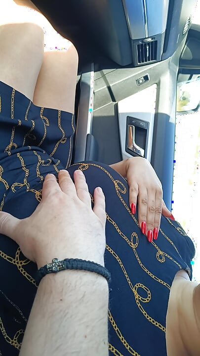 Real public red nails hand job in the car with cum