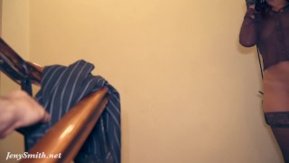 Jeny Smith sneaking to the office building. Naked in elevator and on stairs